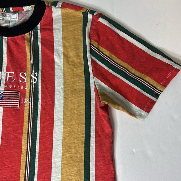 VTG GUESS David Sayer Vertical Stripe T Shirt Embroidered US Flag Spellout Y2K M - Picture 11 of 16